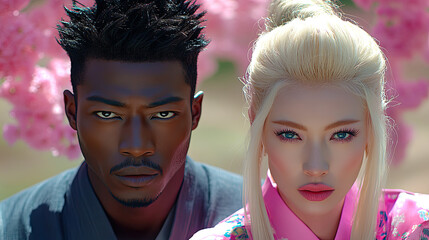 Obraz premium Two Models Pose Under Cherry Blossom Trees Wearing Traditional Garments During a Sunny Spring Day in a Garden Setting