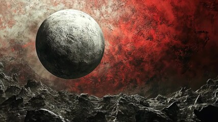 A large, gray moon hangs in the sky above a rocky, alien landscape, bathed in the warm glow of a red sun