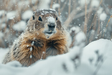 Obraz premium A small animal with a brown face and a white face is standing in the snow