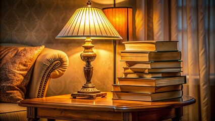 Warm, inviting atmosphere of a quiet reading nook featuring a stacked pile of vintage novels, illuminated by a soft, golden glow of a classic table lamp.