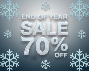 A sparkling end-of-year sale graphic showcasing 70% off with snowflakes as a winter theme.