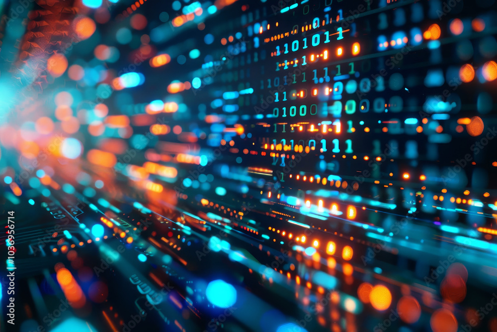 Poster a colorful image of binary code with a blue and orange background