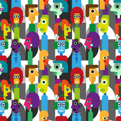 Abstract geometric cubist inspiration composition of people faces. Colorful haracters collection. Seamless pattern. Vector illustration for prints, card, web, digital concept, poster