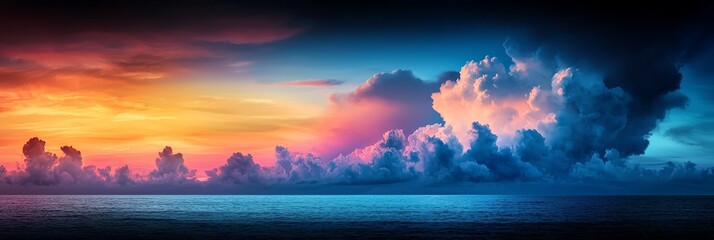  Vibrant sky with clouds, boat on tranquil water, sun setting behind