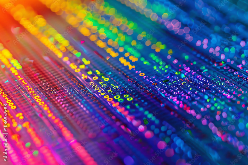 Poster a colorful image of a computer screen with many numbers and letters