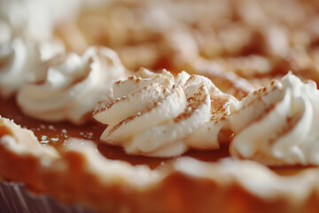 A pie with a white frosting and a brown crust