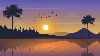 Film & Videoandscape. Sunset on exotic island with volcano and palms. A birds on the background of colorful sky . Blue and yellow tone