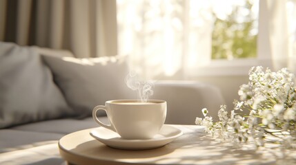 Obraz premium A cozy morning with a steaming cup of coffee on a sunlit table beside fresh flowers in a serene living room. Generative AI