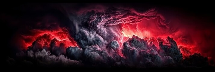 Fototapeta premium A red and black cloud tableau in a night sky, crowned by a scarlet radiant beam ascending from the cloud summit