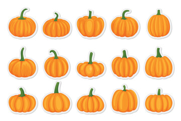 Vector Cartoon Pumpkins Collection. Flat Colorful Pumpkin Stickers Set. Design Templates for Halloween, Fall, Harvest. Cute and Fun Simple Pumpkin Illustrations