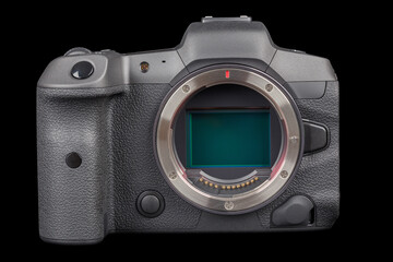 black 2020s professional 35mm full-frame mirrorless camera body with flip screen isolated on black...