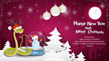 Illustration of the New Year and Christmas A snake next to a glass ball at night in a snowy clearing among the trees