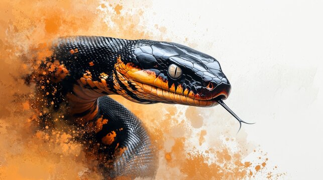  A painting of a black and orange snake with yellow spots on its head and neck, exhibiting a tongued-out display