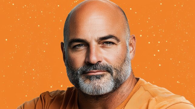  A man in an orange shirt gazes seriously at the camera, bareheaded