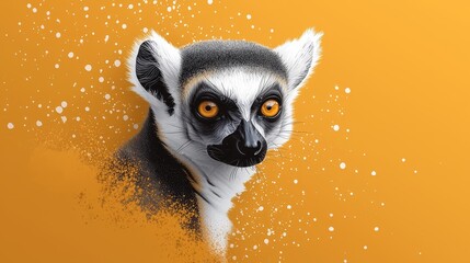 Fototapeta premium A tight shot of a Lemur's expressive face against an orange backdrop, encircled by gently falling snowflakes