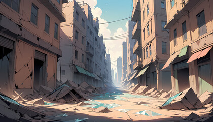 A wide-angle view of a city in ruins, with toppled buildings and shattered glass scattered across the streets.