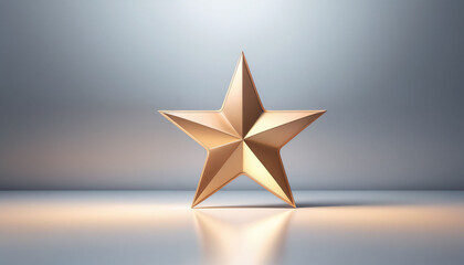 Obraz premium Three-dimensional golden star sculpture on reflective surface with soft light backdrop, star decoration background