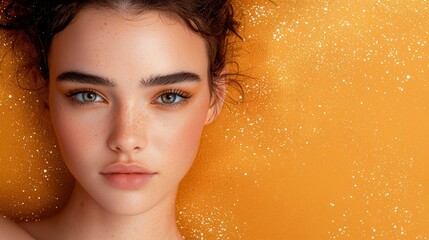 Naklejka premium A woman with freckled hair and blue eyes poses before a yellow wall for a photograph