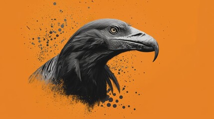 Fototapeta premium A tight shot of a bird against an orange backdrop, featuring a blackbird at its right edge