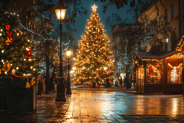 Fototapeta premium Illuminated Christmas trees for Christmas Eve and New Year's Eve 