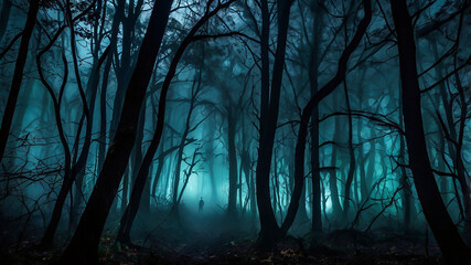 Dark Forest Halloween Creepy Forest Landscapes with Fog, Twisted Trees & Shadowy Figures for Eerie Scenes.