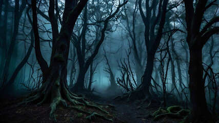 Dark Forest Halloween Creepy Forest Landscapes with Fog, Twisted Trees & Shadowy Figures for Eerie Scenes.