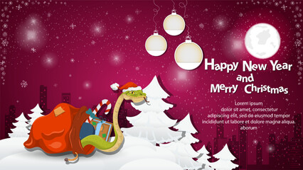 Illustration of the New Year and Christmas A snake crawls out of a bag of gifts at night in a snowy clearing among the trees