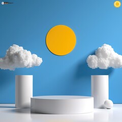 a white podium with clouds and sun in the background