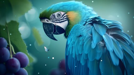 Obraz premium A tight shot of a blue-and-yellow parrot perched on a tree branch, adjacent to a foreground of plump grapes