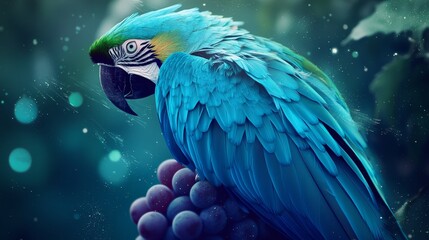 Fototapeta premium A blue parrot painting, perched atop ripe grapes with droplets on its wingtips