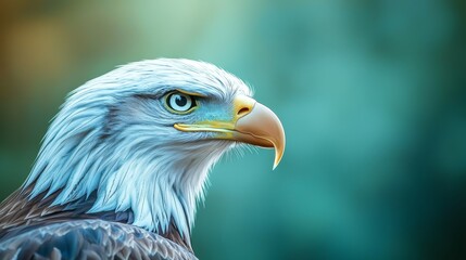 Obraz premium A bald eagle's head up-close against a softly blurred background, framed by a clear blue sky