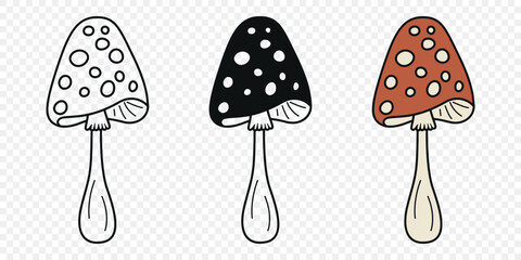Flat Vector Hand Drawn Cartoon Fly Agaric Mushrooms Outline Illustration. Amanita Muscaria, Fly Agaric Illustration, Mushrooms. Magic Mushroom Icons, Design Template