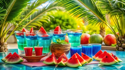 Fototapeta premium Vibrant tropical summer bash setup with refreshing watermelon slices, colorful jelly cups, and Blue Hawaii drinks amidst palm trees and a sparkling blue pool backdrop.