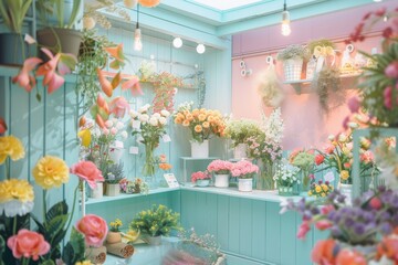 Beautiful fresh roses in a flower shop, arranged in glass vases, vibrant colors.