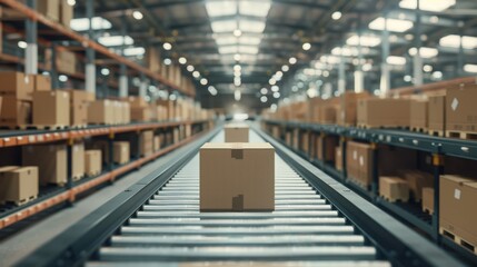 Obraz premium a warehouse with boxes on a conveyor belt