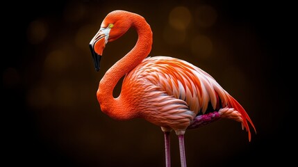 Obraz premium A tight shot of a pink flamingo against a black backdrop, with its head and neck softly blurred