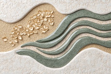 Obraz premium Abstract Green Waves and Gold Leaves Wall Art