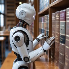 a robot is standing in front of a book shelf