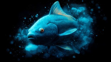  A painting of a blue fish surrounded by bubbles of water against a black backdrop, with similar bubbles on its sides