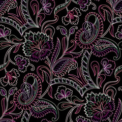 seamless gentle vector paisley print with ethnic paisley and flowers pattern, allover composition. Detailed beautiful paisleys with floral motives in black and white.