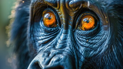 A close-up of a Western Lowland Gorilla with striking orange eyes, showcasing the depth and emotion of this endangered species,