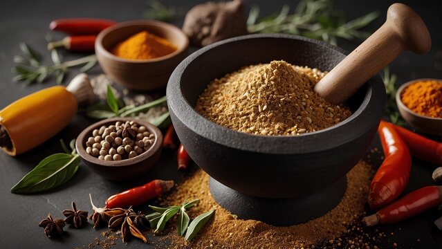 Pestle and motar with different spices. 
