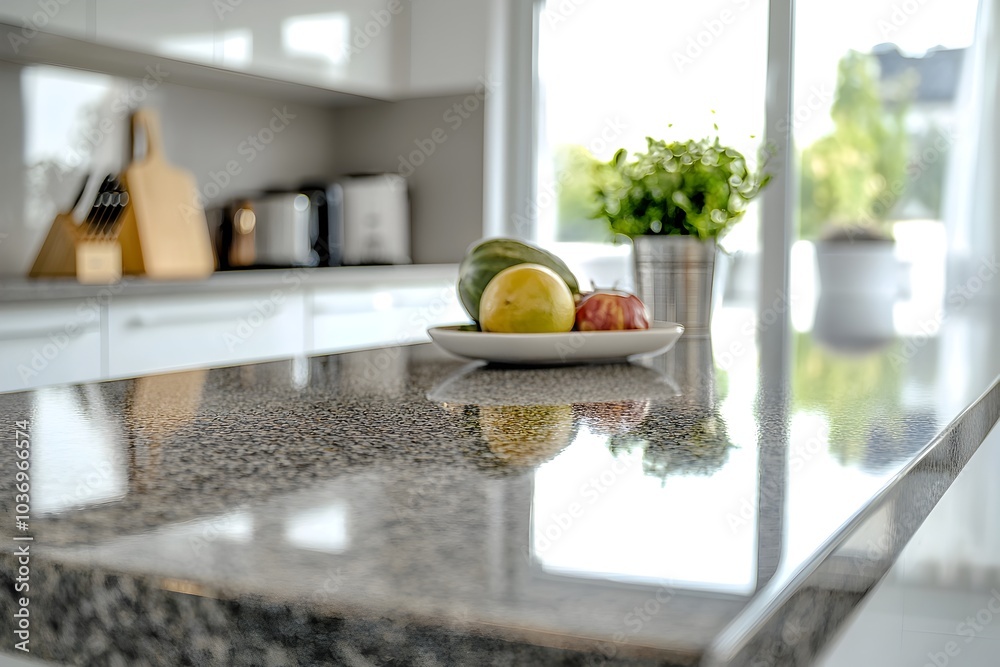 Sticker Polished Granite Table in Modern Kitchen Setting with Neutral Color Palette for Showcasing Products