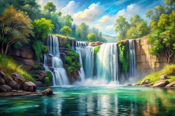 artwork of a contemporary landscape with a waterfall