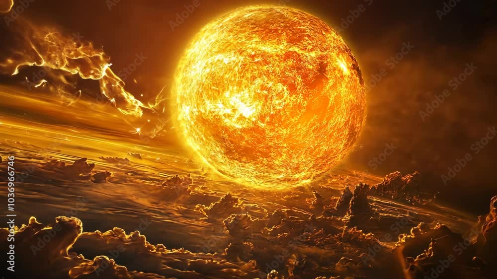 Wall mural a fiery sun fills the sky, casting an orange glow on the clouds below