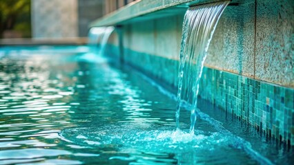 Aqua-colored pool water drips slowly down the side of an indoor fountain, flowing water, water effects, fountains