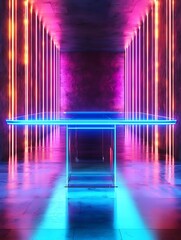 Futuristic Glass Table with Neon Lighting in Reflective Tech Environment