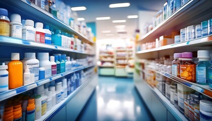 Pharmacy blur background with medicine on shelves 