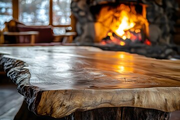 Rustic Cabin Table with Roaring Fireplace in the Background   Ideal for Showcasing Outdoor or Rugged Products
