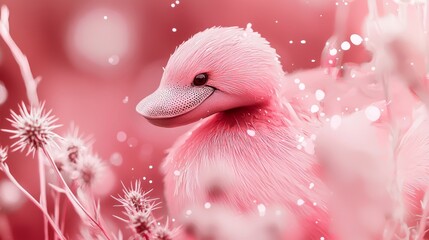Fototapeta premium A tight shot of a pink duck amidst a sea of dandelions, with a hazy backdrop of yellow blooms